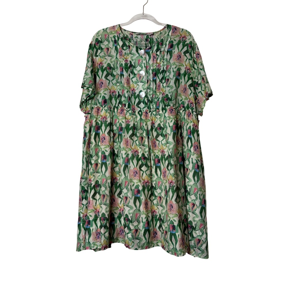 Rachel Antonoff Frog Print Cotton Silk Pleated Babydoll Dress Green L